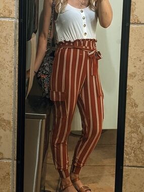 Striped Paperbag Waist Cargo Jumpsuit Pants - Rust